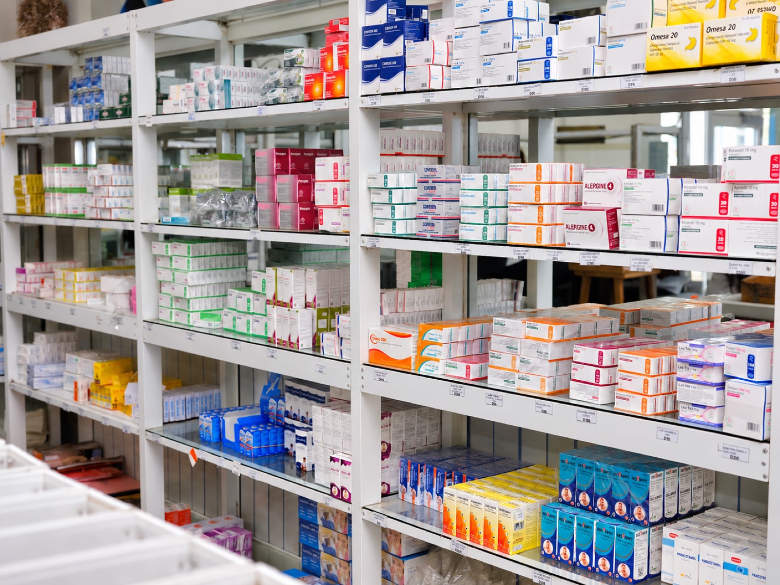 Pharmaceutical stock on shelves at Banjul Pharmacy